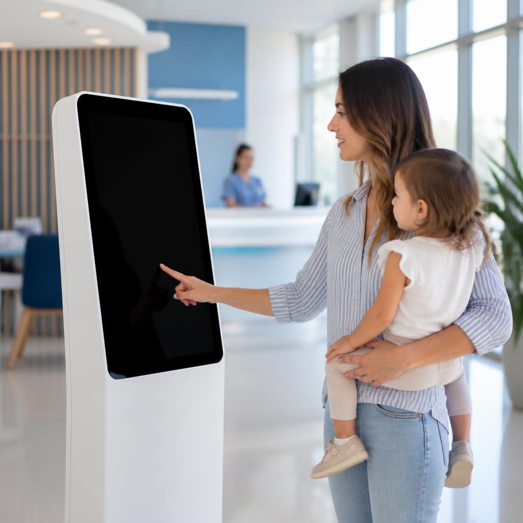 Totem de autoatendimento para check-in e pagamento na recepção de clínica médica